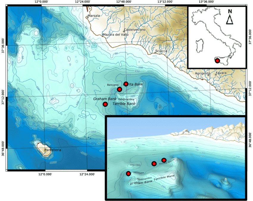 location of the three sciacca banks in the sicily channel the 3d enlargement shows the